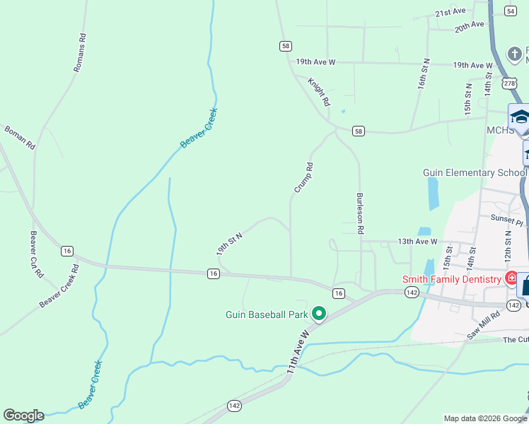 map of restaurants, bars, coffee shops, grocery stores, and more near 356 19th Street North in Guin