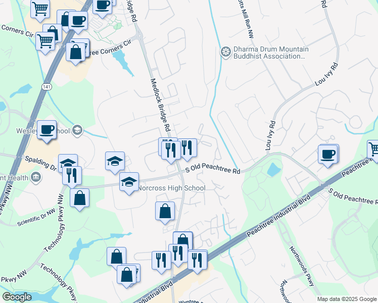 map of restaurants, bars, coffee shops, grocery stores, and more near 1810 Montrose Parkway in Norcross
