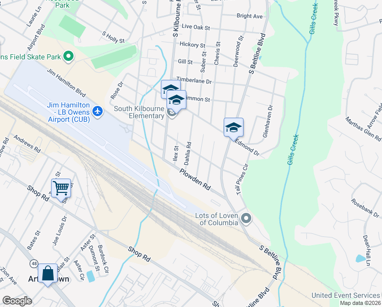 map of restaurants, bars, coffee shops, grocery stores, and more near 1462 Dahlia Road in Columbia