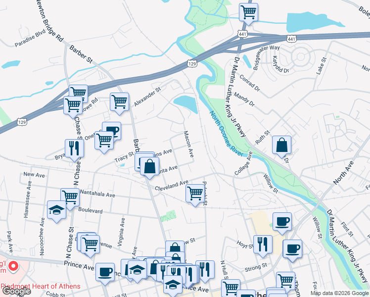 map of restaurants, bars, coffee shops, grocery stores, and more near 487 Athens Avenue in Athens