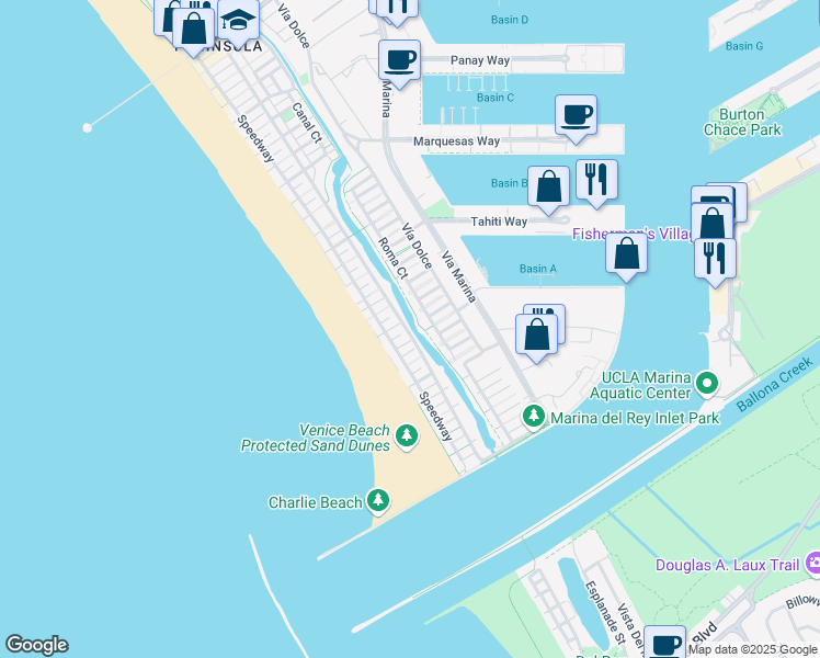 map of restaurants, bars, coffee shops, grocery stores, and more near 45 Reef Street in Marina del Rey