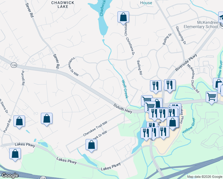 map of restaurants, bars, coffee shops, grocery stores, and more near 1078 Raleigh Way Northwest in Lawrenceville
