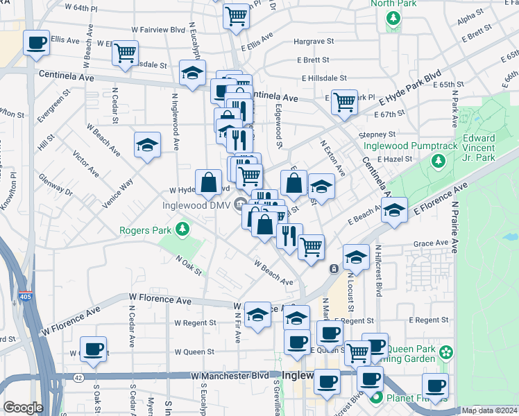map of restaurants, bars, coffee shops, grocery stores, and more near 600 North La Brea Avenue in Inglewood