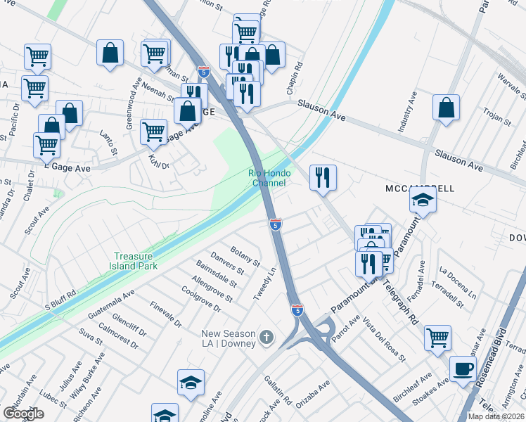 map of restaurants, bars, coffee shops, grocery stores, and more near 7700 Bangle Road in Downey