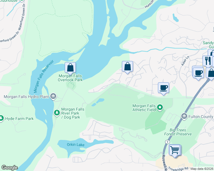 map of restaurants, bars, coffee shops, grocery stores, and more near 415 Morgan Falls Road in Sandy Springs