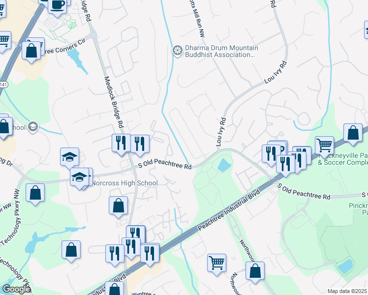 map of restaurants, bars, coffee shops, grocery stores, and more near 1810 Montrose Parkway in Norcross