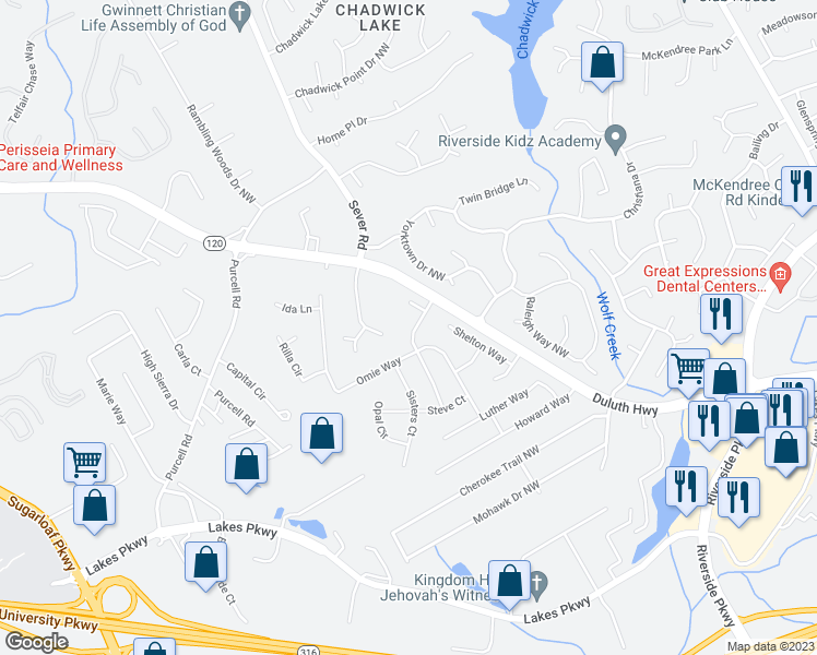 map of restaurants, bars, coffee shops, grocery stores, and more near 1305 Township Drive in Lawrenceville