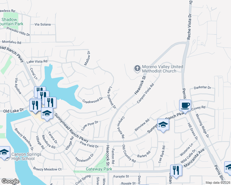 map of restaurants, bars, coffee shops, grocery stores, and more near 10374 Lake Summit Drive in Moreno Valley