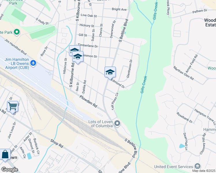 map of restaurants, bars, coffee shops, grocery stores, and more near 1522 South Beltline Boulevard in Columbia