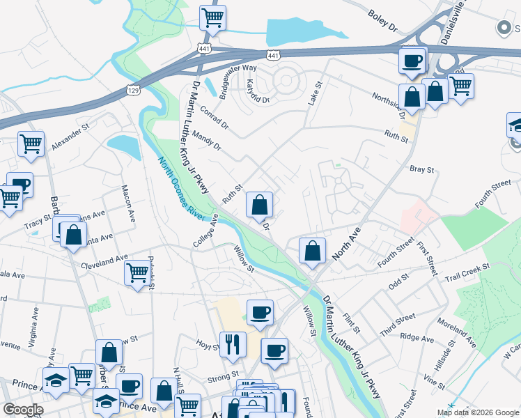 map of restaurants, bars, coffee shops, grocery stores, and more near 120 Artisan Place in Athens
