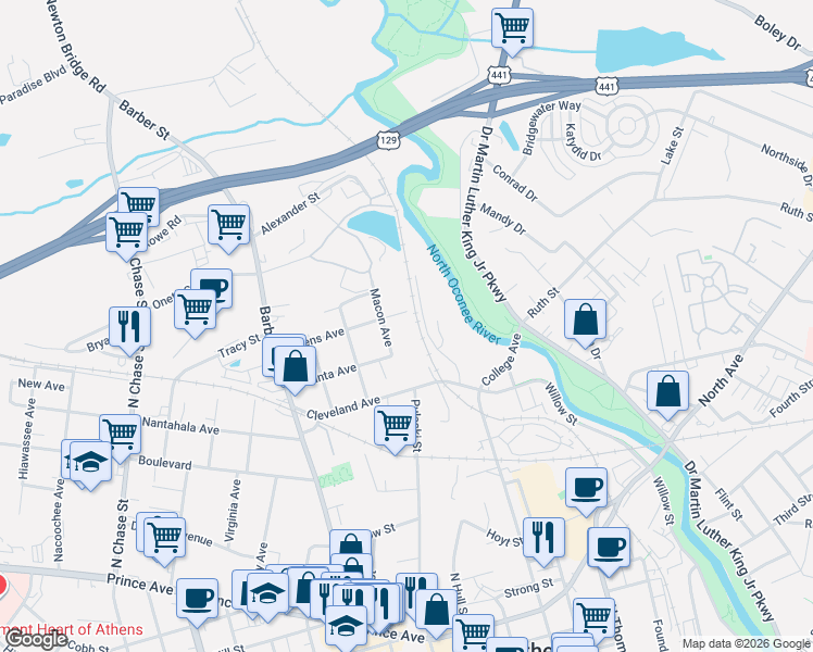 map of restaurants, bars, coffee shops, grocery stores, and more near 540 Athens Avenue in Athens