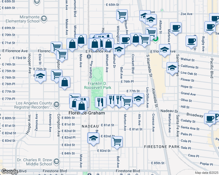 map of restaurants, bars, coffee shops, grocery stores, and more near 7672 Whitsett Avenue in Los Angeles
