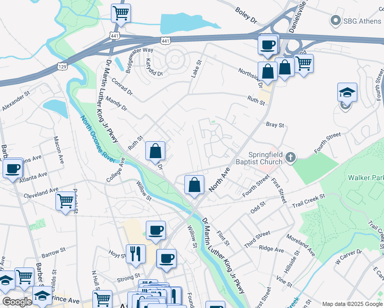 map of restaurants, bars, coffee shops, grocery stores, and more near 184 Marlin Street in Athens