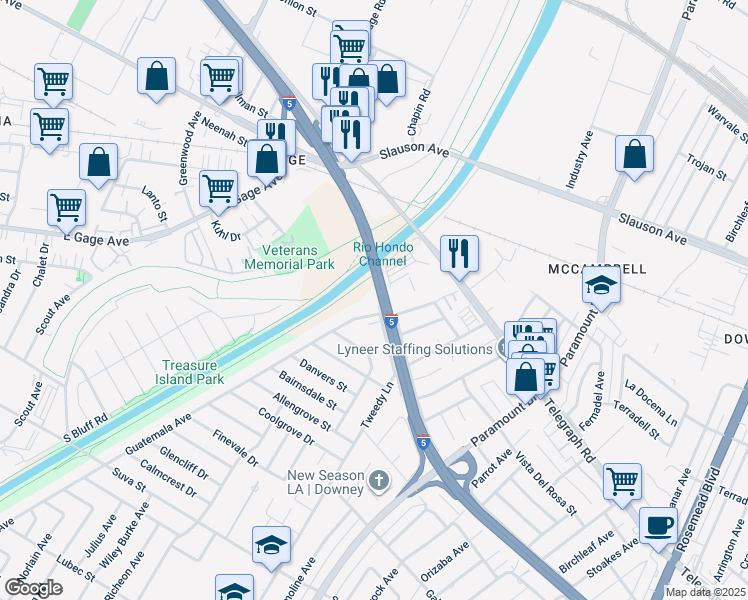 map of restaurants, bars, coffee shops, grocery stores, and more near 7700 Bangle Road in Downey