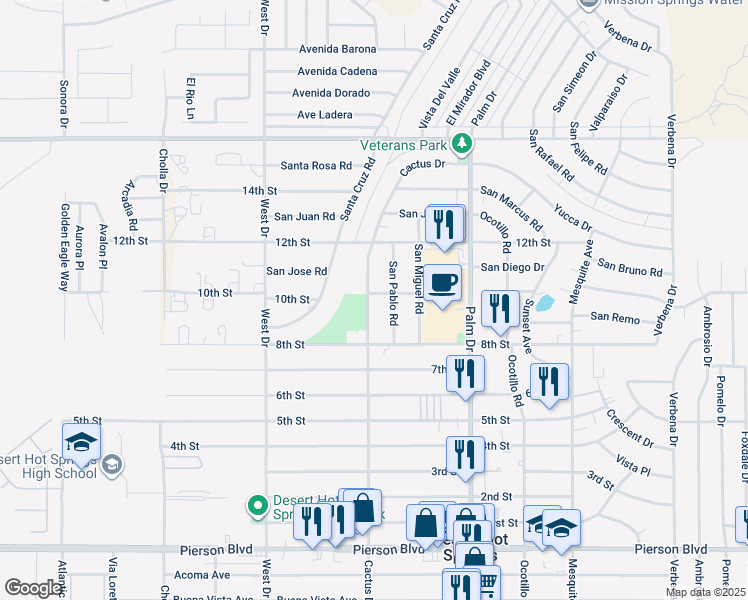 map of restaurants, bars, coffee shops, grocery stores, and more near 10751 San Pablo Road in Desert Hot Springs