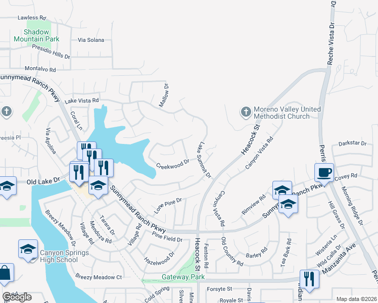 map of restaurants, bars, coffee shops, grocery stores, and more near 10345 Lake Summit Drive in Moreno Valley