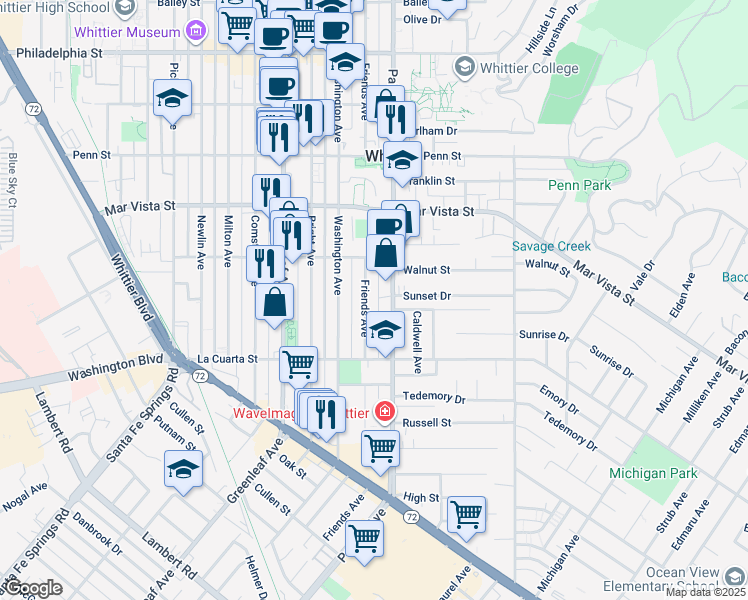 map of restaurants, bars, coffee shops, grocery stores, and more near 7746 Friends Avenue in Whittier