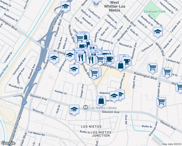 map of restaurants, bars, coffee shops, grocery stores, and more near 8118 Norwalk Boulevard in Whittier