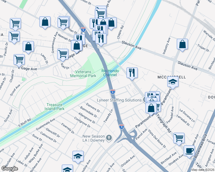 map of restaurants, bars, coffee shops, grocery stores, and more near 7700 Bangle Road in Downey