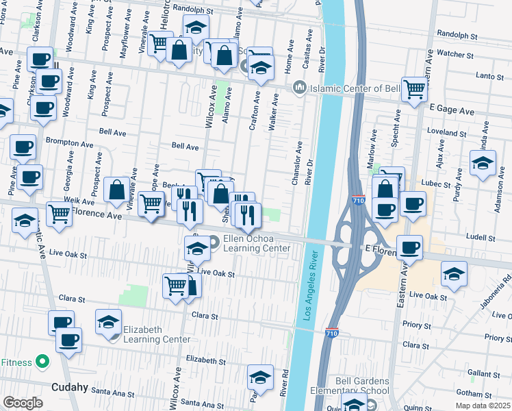 map of restaurants, bars, coffee shops, grocery stores, and more near 7004 Crafton Avenue in Bell