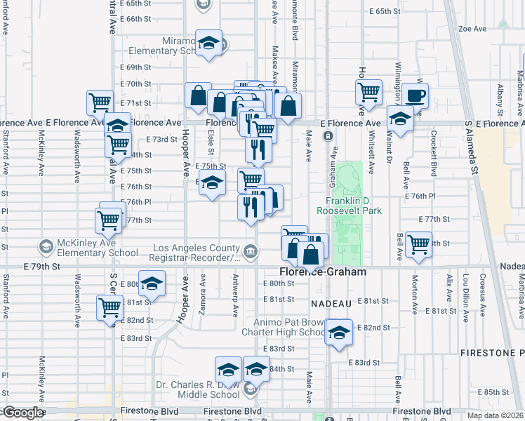 map of restaurants, bars, coffee shops, grocery stores, and more near 1446 East 76th Place in Los Angeles
