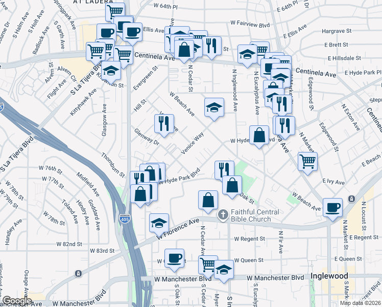 map of restaurants, bars, coffee shops, grocery stores, and more near 604 Venice Way in Inglewood