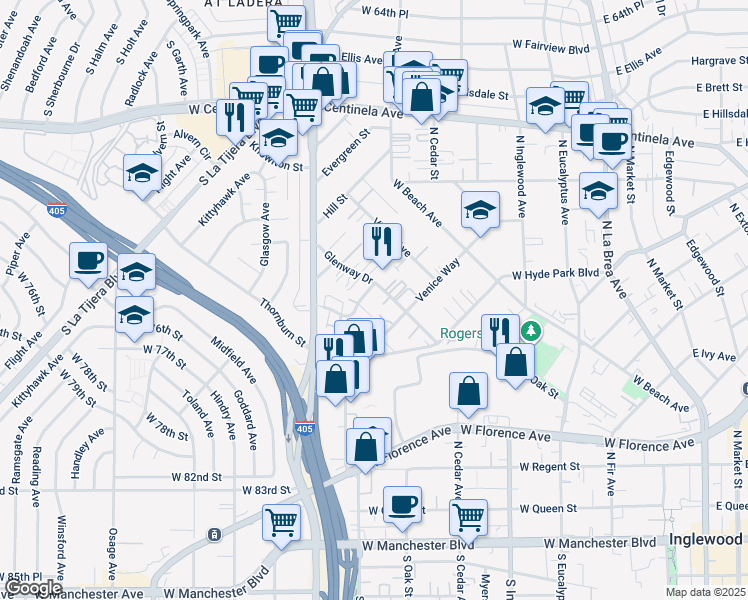 map of restaurants, bars, coffee shops, grocery stores, and more near 710 Cory Drive in Inglewood