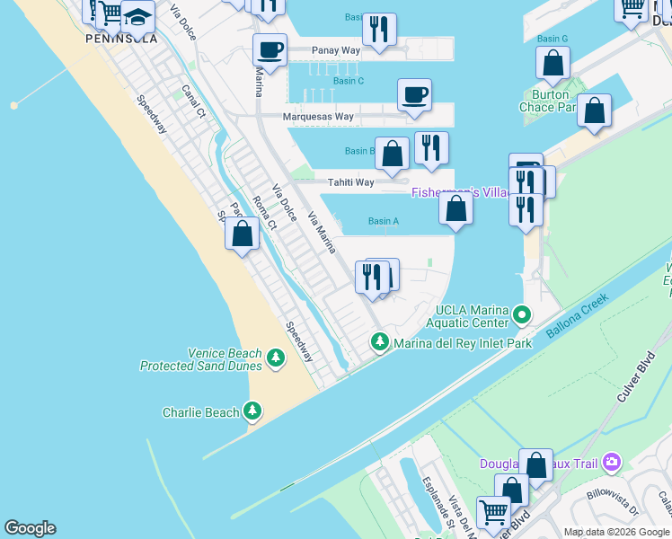 map of restaurants, bars, coffee shops, grocery stores, and more near 4550 Vía Marina in Marina del Rey