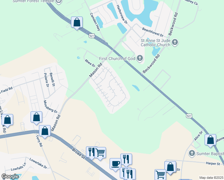 map of restaurants, bars, coffee shops, grocery stores, and more near 138-144 Somerset Drive in Sumter