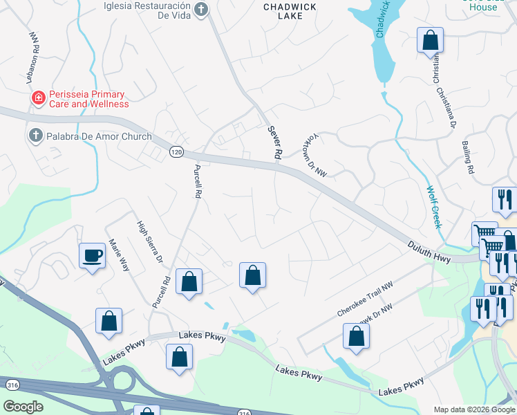 map of restaurants, bars, coffee shops, grocery stores, and more near 1661 Omie Way in Lawrenceville