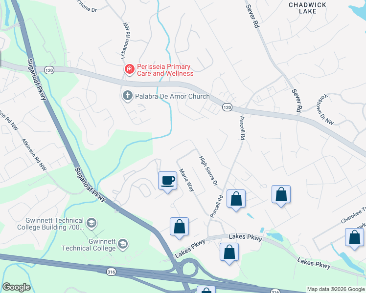 map of restaurants, bars, coffee shops, grocery stores, and more near 1516 High Sierra Drive in Lawrenceville