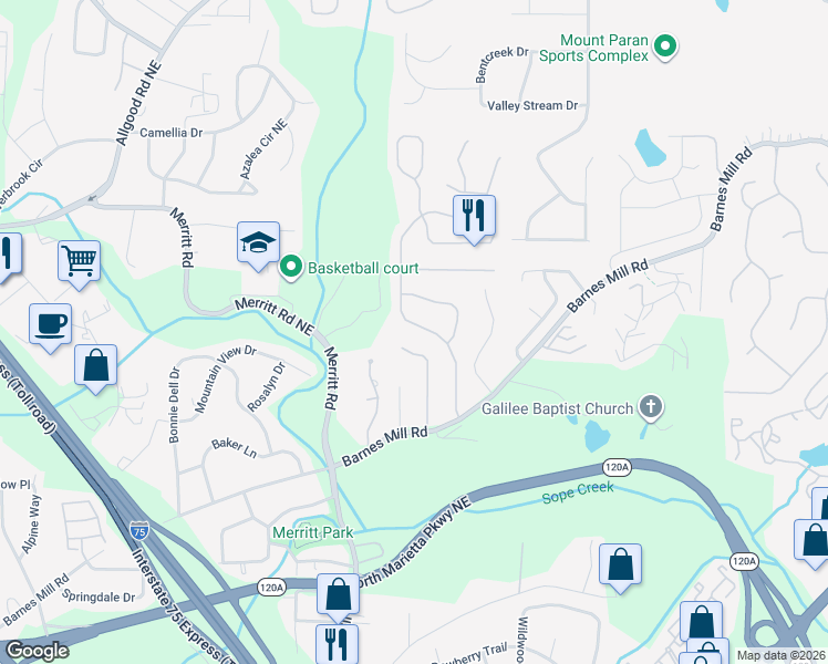 map of restaurants, bars, coffee shops, grocery stores, and more near 801 Soaring Drive Northeast in Marietta