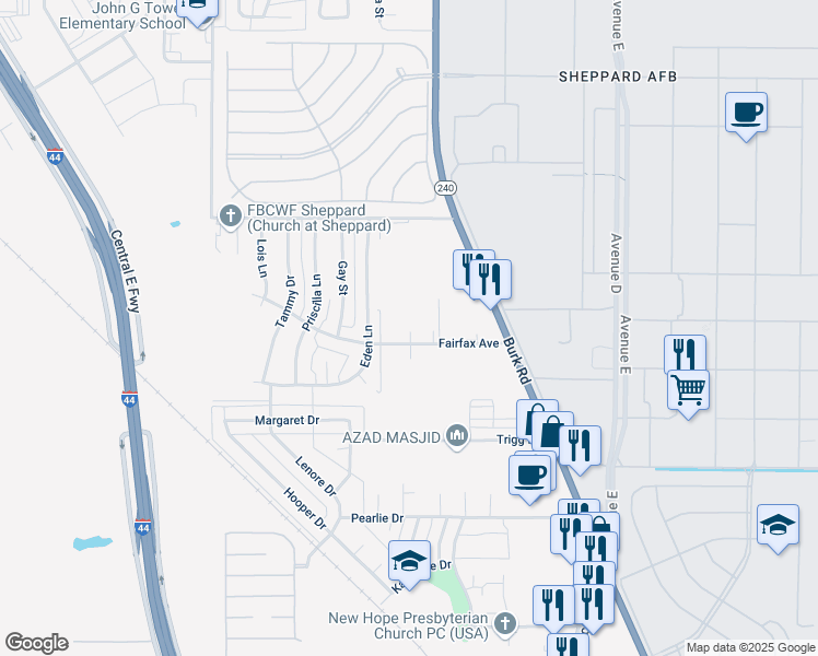 map of restaurants, bars, coffee shops, grocery stores, and more near 1716 Fairfax Avenue in Wichita Falls