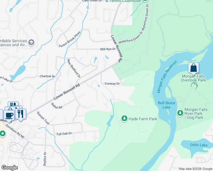 map of restaurants, bars, coffee shops, grocery stores, and more near 5460 Conway Drive in Marietta