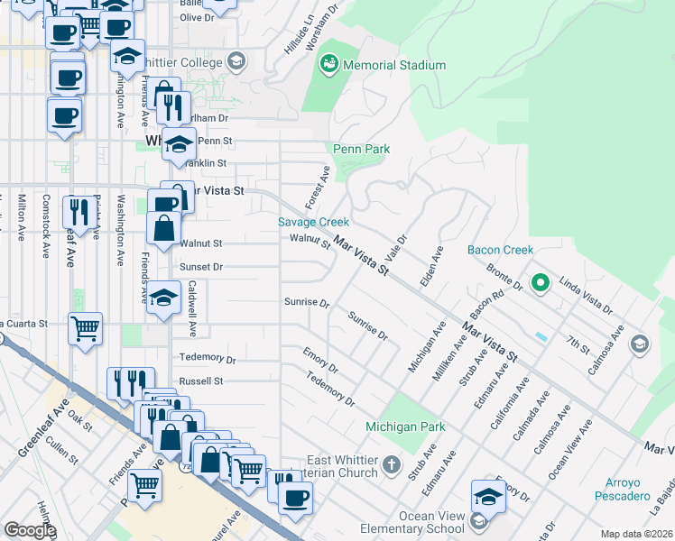 map of restaurants, bars, coffee shops, grocery stores, and more near 13950 Freiburg Street in Whittier