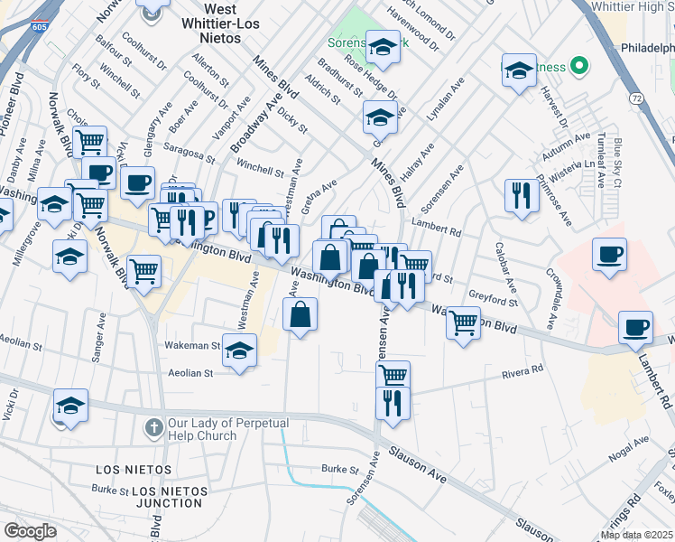 map of restaurants, bars, coffee shops, grocery stores, and more near 11715 Washington Blvd in Whittier