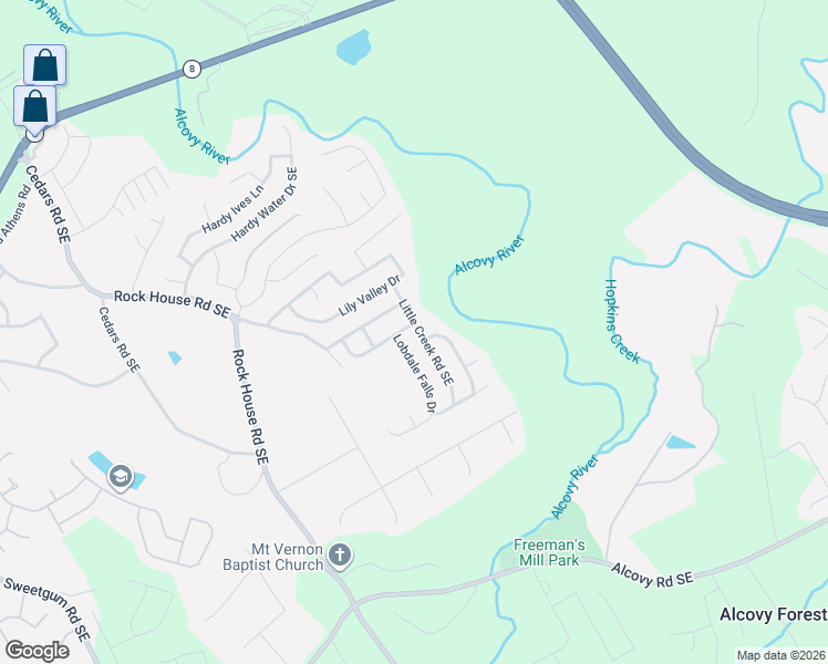 map of restaurants, bars, coffee shops, grocery stores, and more near 300 Little Creek Road Southeast in Lawrenceville