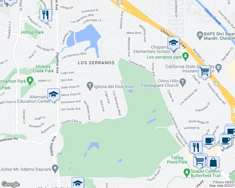 map of restaurants, bars, coffee shops, grocery stores, and more near 4456 Los Serranos Boulevard in Chino Hills