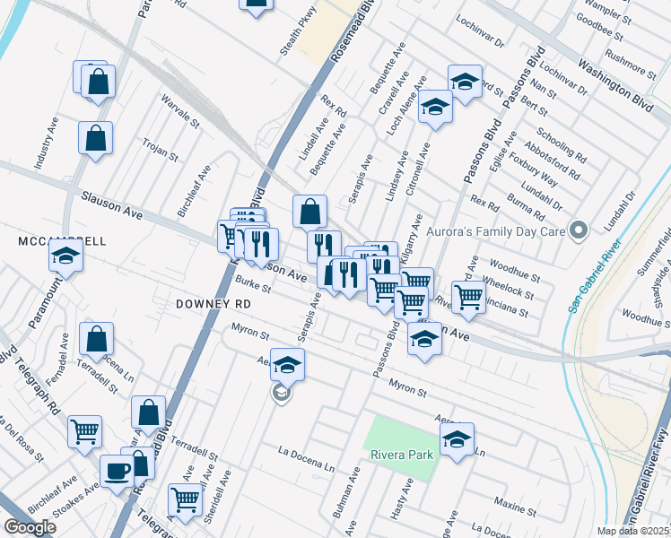 map of restaurants, bars, coffee shops, grocery stores, and more near 9148 Bermudez Street in Pico Rivera