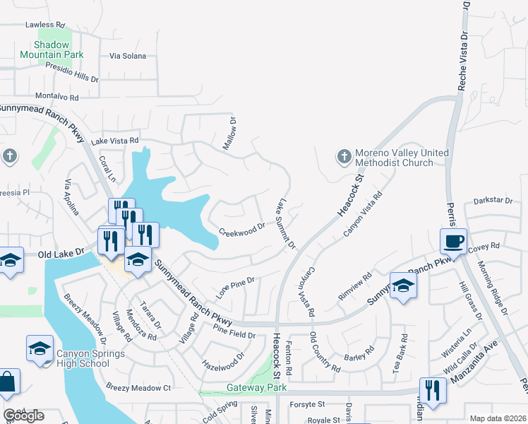map of restaurants, bars, coffee shops, grocery stores, and more near 10345 Lake Summit Drive in Moreno Valley