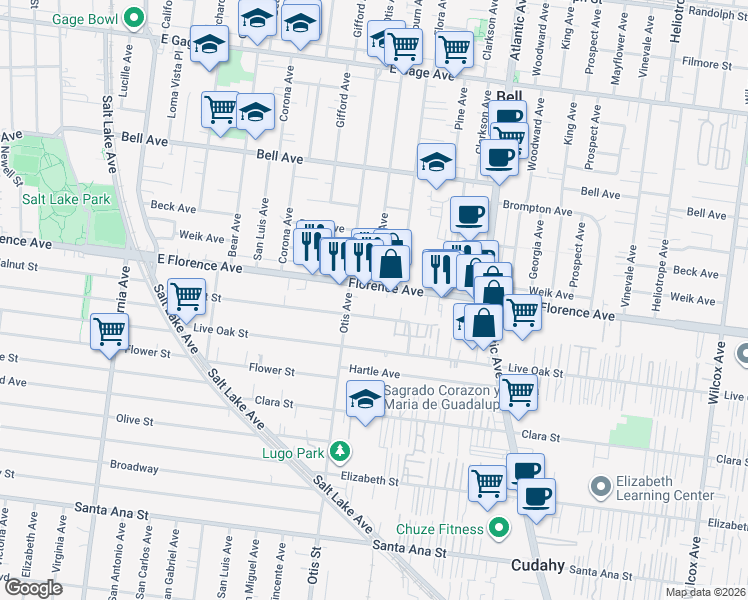 map of restaurants, bars, coffee shops, grocery stores, and more near 4224 Florence Avenue in Bell