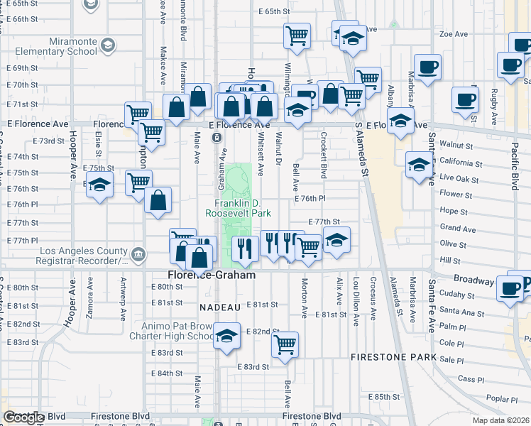 map of restaurants, bars, coffee shops, grocery stores, and more near 7672 Whitsett Avenue in Los Angeles