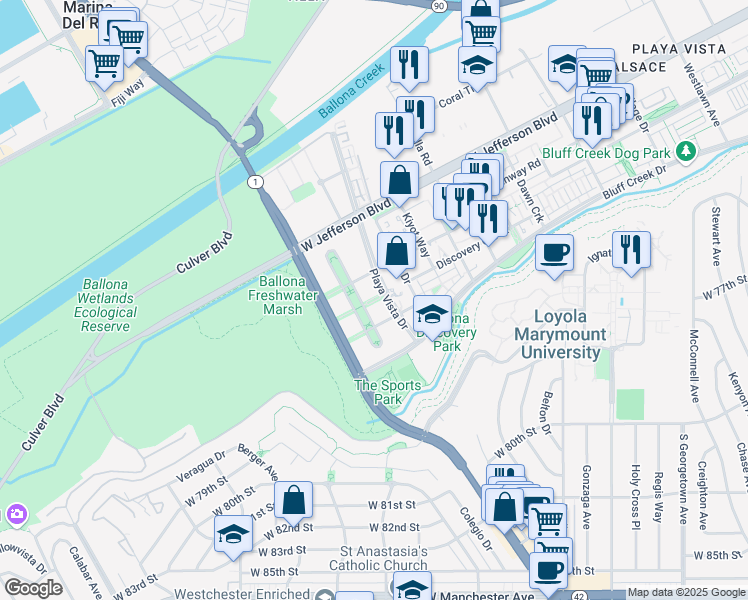 map of restaurants, bars, coffee shops, grocery stores, and more near 6201 Playa Vista Drive in Los Angeles