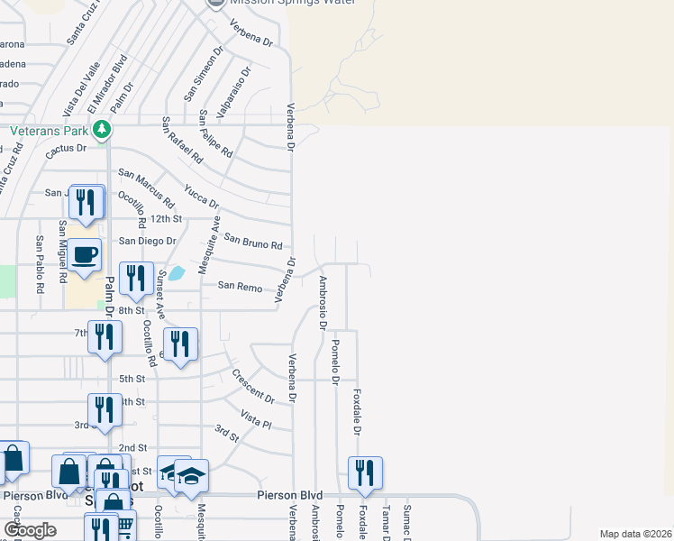 map of restaurants, bars, coffee shops, grocery stores, and more near 67115 San Ardo Road in Desert Hot Springs