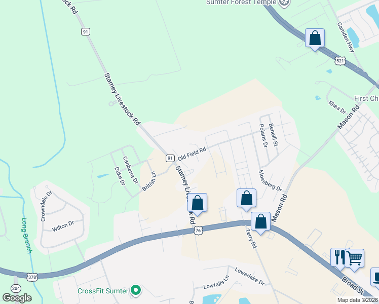 map of restaurants, bars, coffee shops, grocery stores, and more near 2849 Old Field Road in Sumter