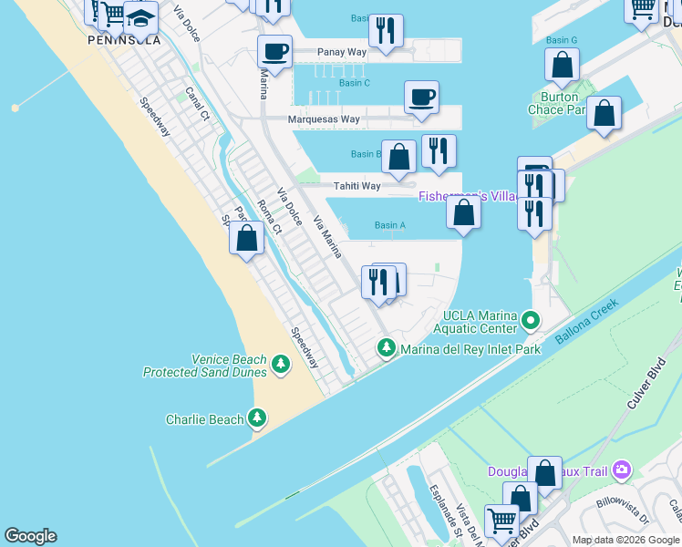 map of restaurants, bars, coffee shops, grocery stores, and more near 4550 Vía Marina in Marina del Rey