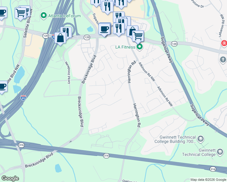 map of restaurants, bars, coffee shops, grocery stores, and more near 1767 Eric Circle in Lawrenceville