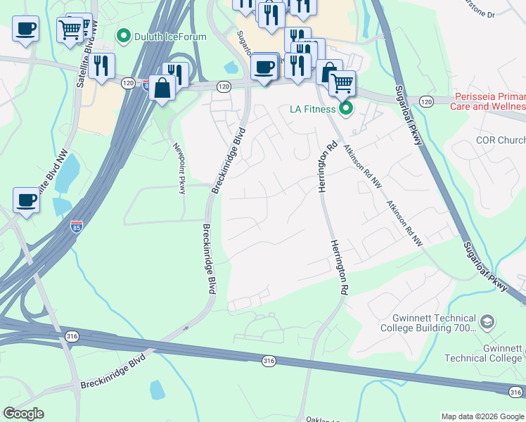 map of restaurants, bars, coffee shops, grocery stores, and more near 1758 Eric Circle in Lawrenceville