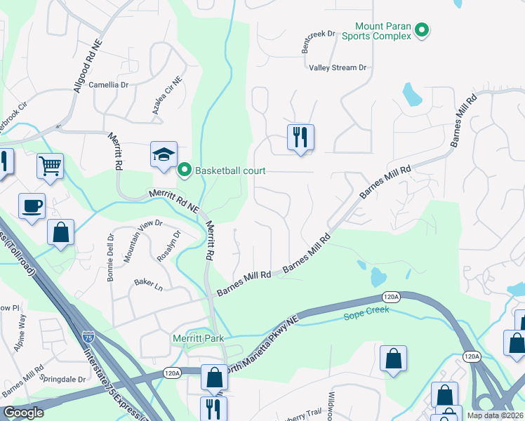map of restaurants, bars, coffee shops, grocery stores, and more near 801 Soaring Drive Northeast in Marietta