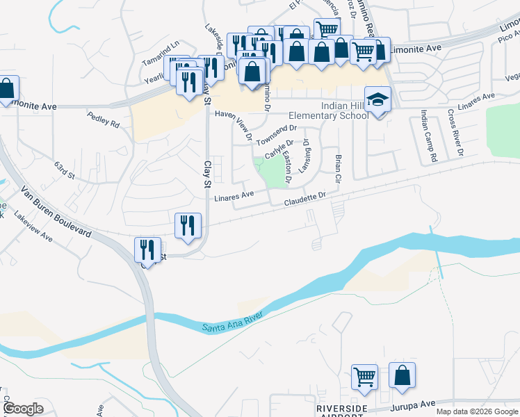 map of restaurants, bars, coffee shops, grocery stores, and more near 8033 David Way in Riverside